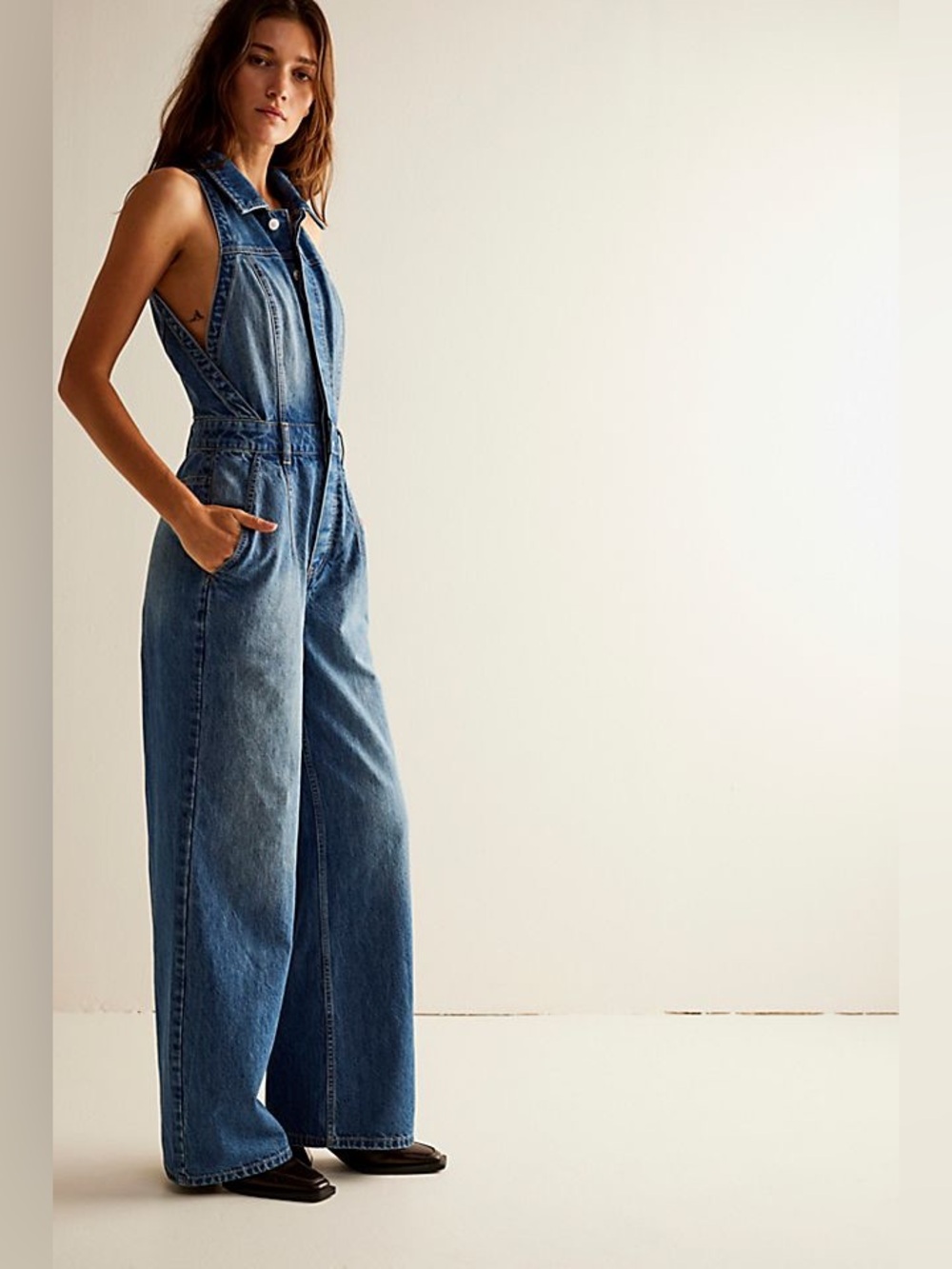 We The Free Sleeveless Wide-Leg Denim Overalls in Blue
